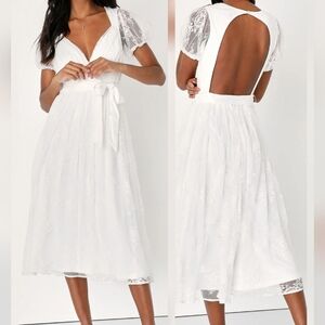 Lulus Romantic Prose White Lace Puff Sleeve Backless Midi Skater Dress, Small